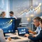 Financial growth analytics team analyzing performance charts and SEO driven business results together.