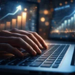 SEO organic growth performance analysis on a laptop with upward keyword and traffic charts.