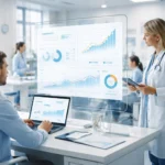 Healthcare professionals reviewing data trends on digital displays in a medical office.
