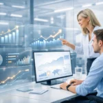 Business team analyzing business growth and data trends through interactive dashboards in the office.
